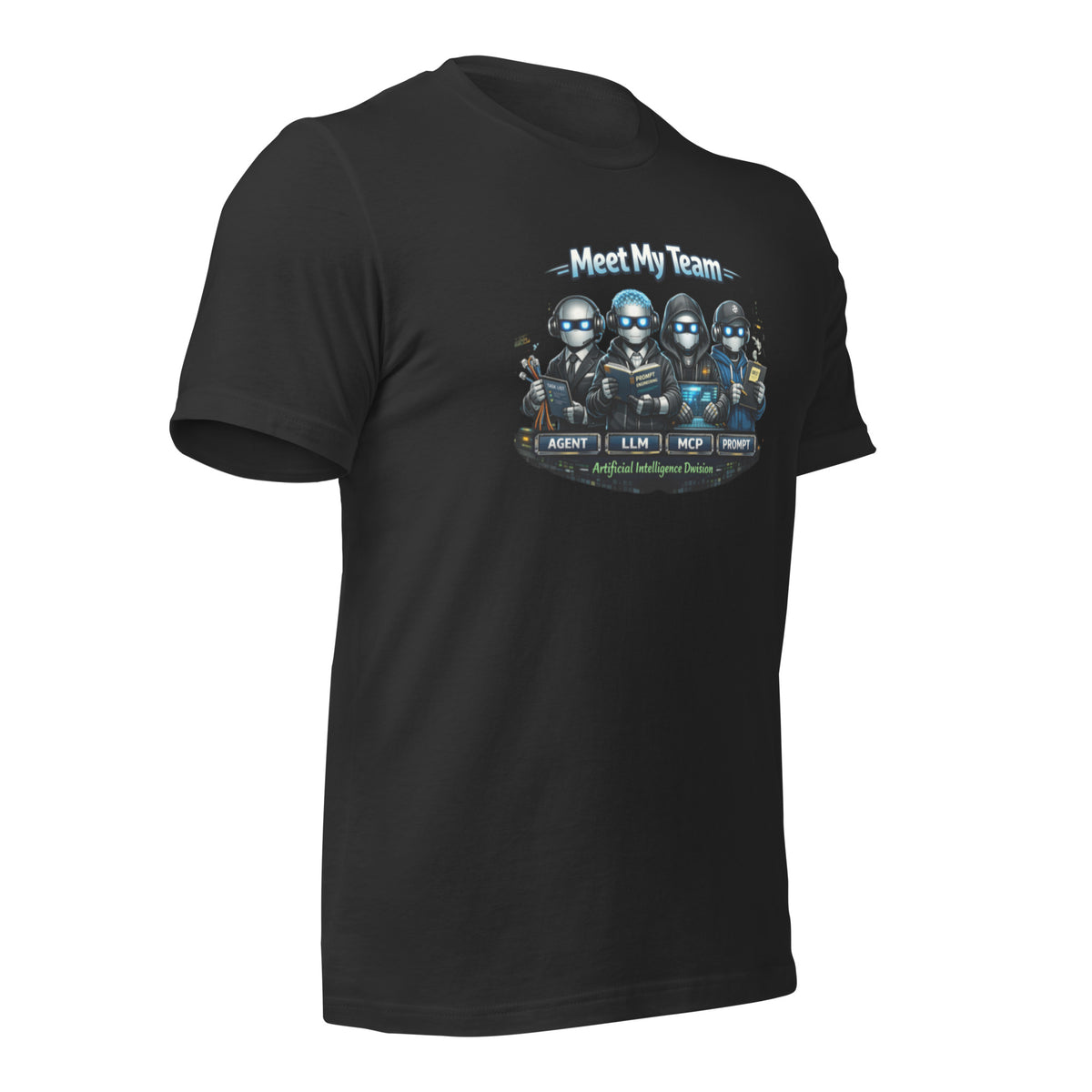 Ai Agent Shirt - Meet My Team funny AI agents t-shirt, Dark Grey, right-front angle view
