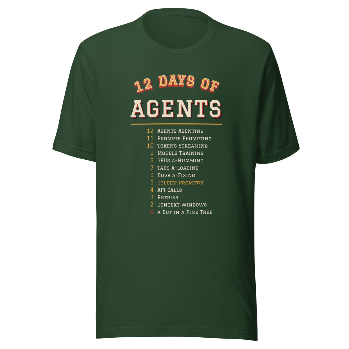 12 Days of Agents varsity Christmas AI t-shirt, forest green, front view