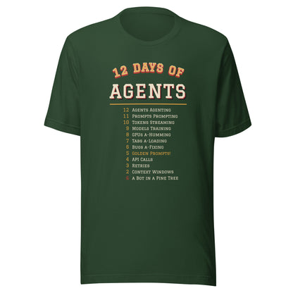 12 Days of Agents varsity Christmas AI t-shirt, forest green, front view