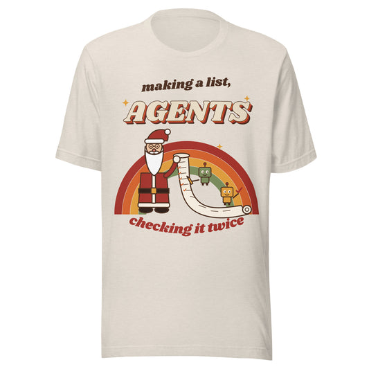 Making a List, Agents Checking It Twice retro Christmas AI tee, heather dust, front: Santa's list checked by two AI agents