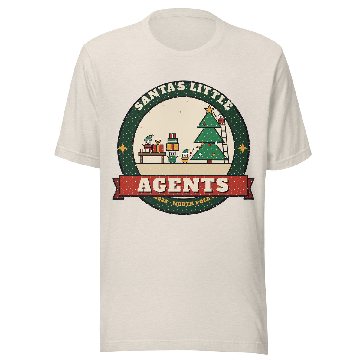 Santa's Little Agents vintage Christmas AI elves tee, heather dust, front: robot agents wrapping presents in Santa's workshop badge