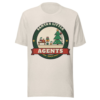 Santa's Little Agents vintage Christmas AI elves tee, heather dust, front: robot agents wrapping presents in Santa's workshop badge