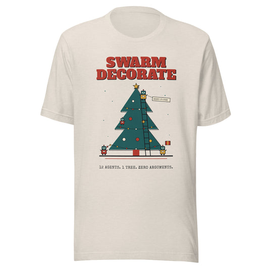 Swarm Decorate vintage Christmas AI tee, heather dust, front: twelve robot agents decorating one tree