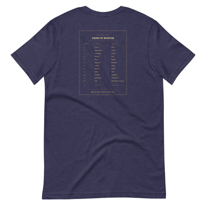 Ai Games Unisex t-shirt funny AI meme tee, Heather Midnight Navy, back design - Tribute Roster graphic, funny AI gaming meme