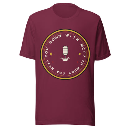 "You Down With MCP?" funny AI t-shirt in maroon, front view