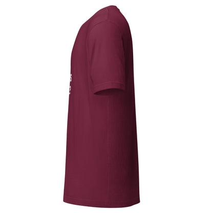 "Chat, Is This Real?" funny AI t-shirt in maroon, left side view