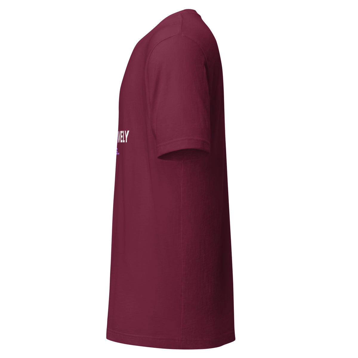 "Generatively Speaking..." funny AI t-shirt in maroon, left side view