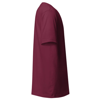 "Chat, Is This Real?" funny AI t-shirt in maroon, right side view