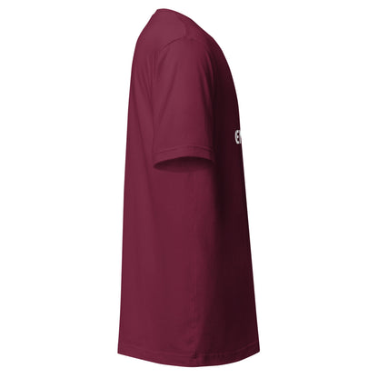 "Generatively Speaking..." funny AI t-shirt in maroon, right side view