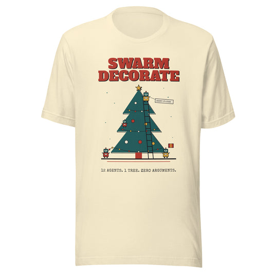 Swarm Decorate vintage Christmas AI tee, natural, front: twelve robot agents decorating one tree