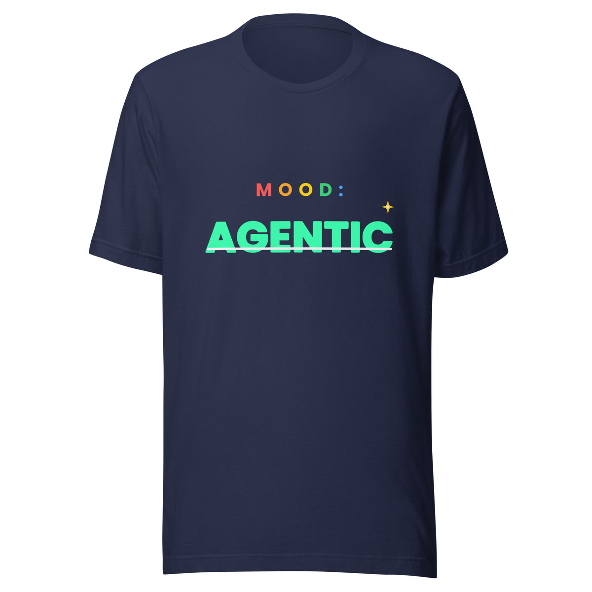 "Mood: Agentic" funny AI t-shirt in navy, front view