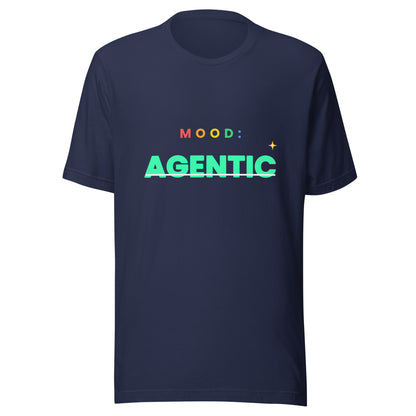 "Mood: Agentic" funny AI t-shirt in navy, front view