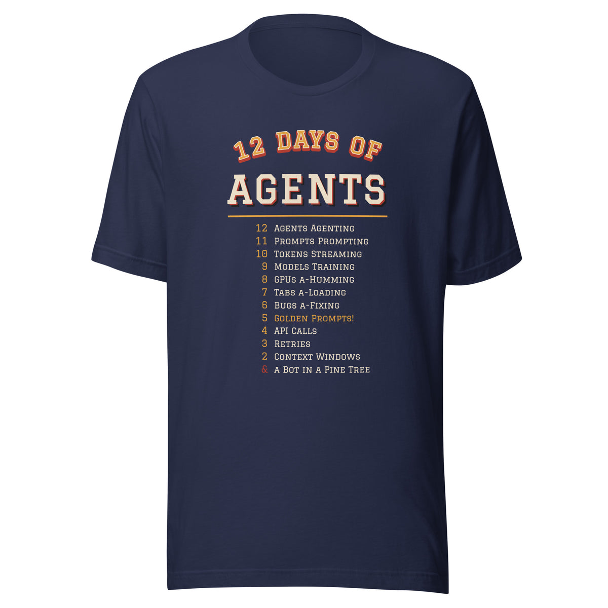 12 Days of Agents varsity Christmas AI t-shirt, navy, front view
