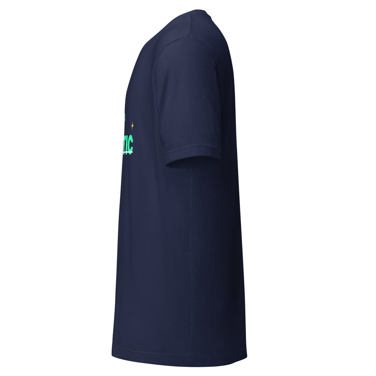 "Mood: Agentic" funny AI t-shirt in navy, left side view