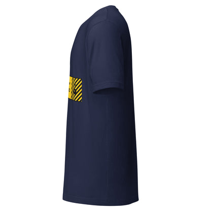 "Keep Your Agent Contained" funny AI t-shirt in navy, left side view