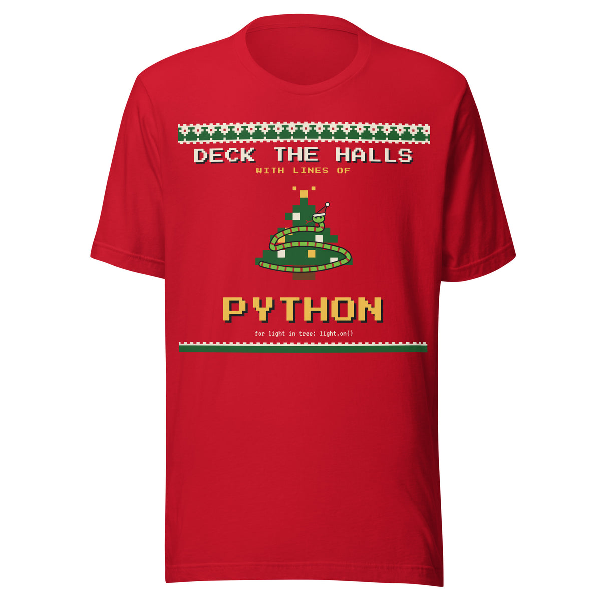 Deck the Halls with Lines of Python ugly Christmas sweater tee, red, front view