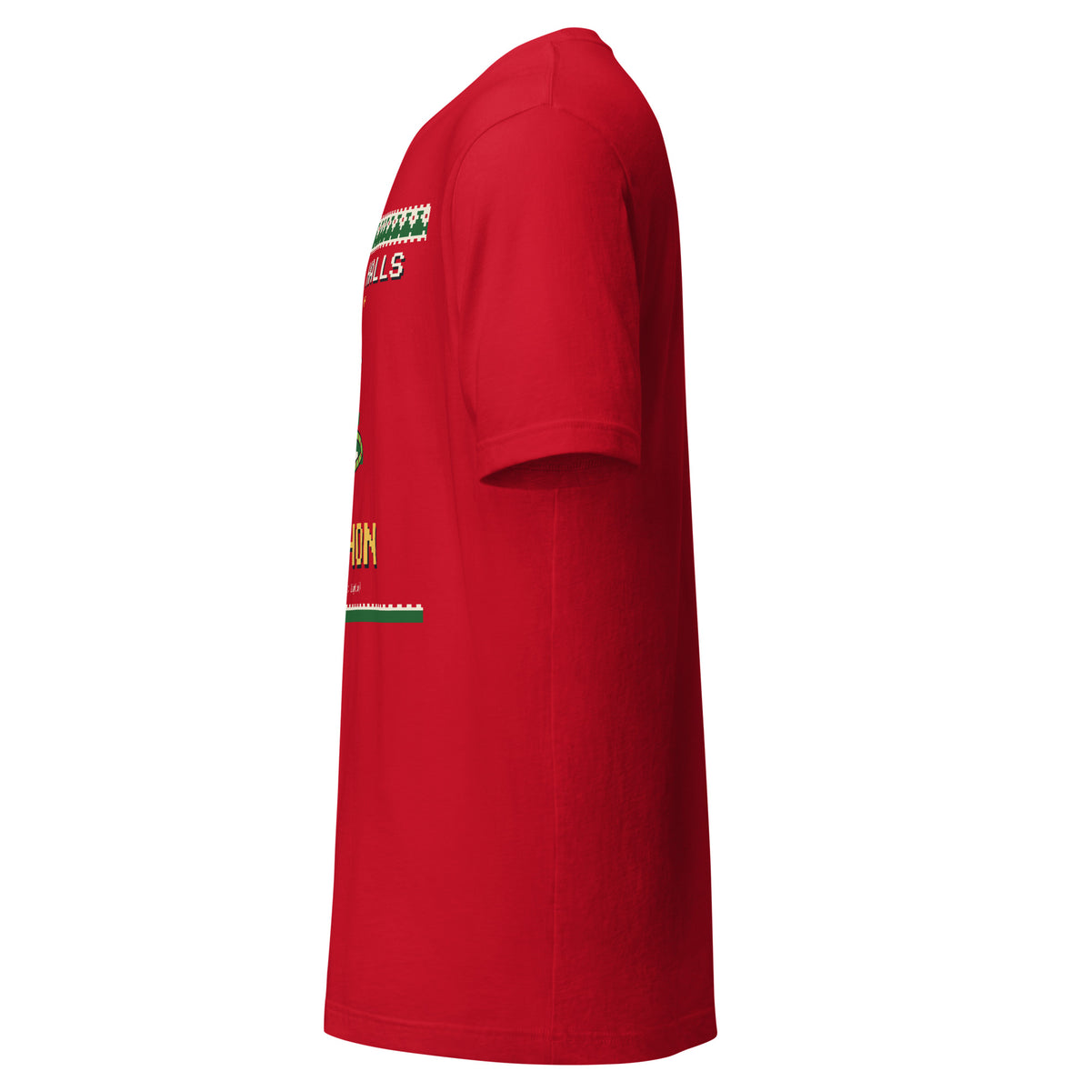 Deck the Halls with Lines of Python ugly Christmas sweater tee, red, left side view