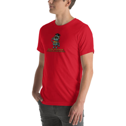 Ai Isn't Replacing Me Unisex t-shirt funny AI anxiety tee, Red, left-front angle view