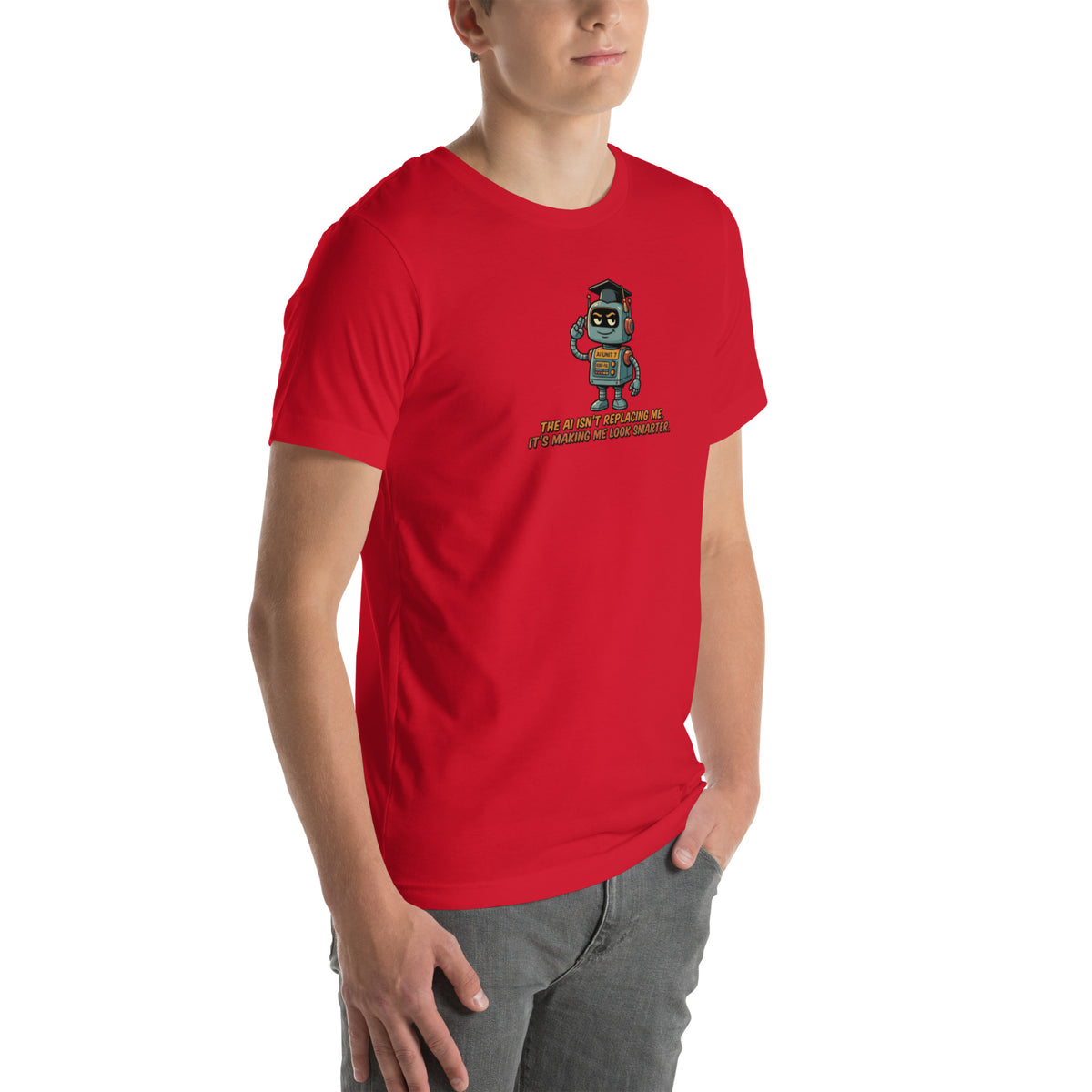 Ai Isn't Replacing Me Unisex t-shirt funny AI anxiety tee, Red, right-front angle view