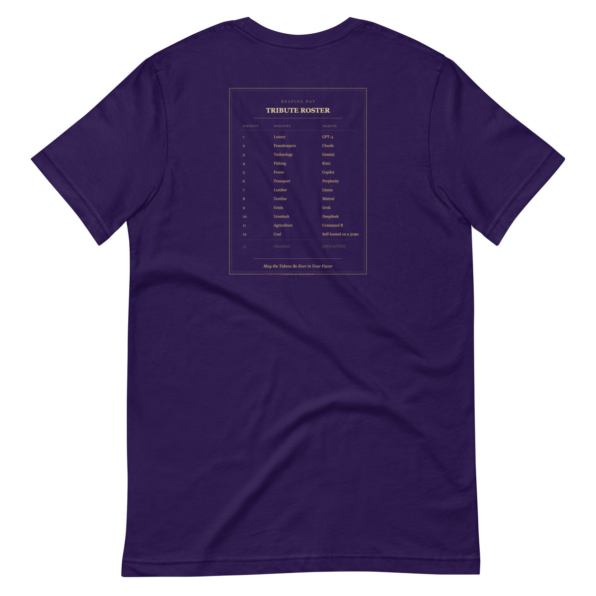 Ai Games Unisex t-shirt funny AI meme tee, Team Purple, back design - Tribute Roster graphic, funny AI gaming meme