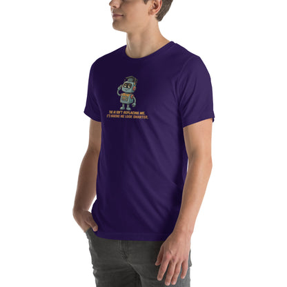 Ai Isn't Replacing Me Unisex t-shirt funny AI anxiety tee, Team Purple, left-front angle view