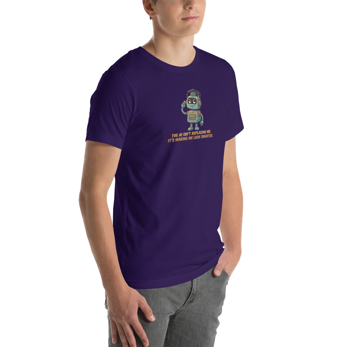 Ai Isn't Replacing Me Unisex t-shirt funny AI anxiety tee, Team Purple, right-front angle view