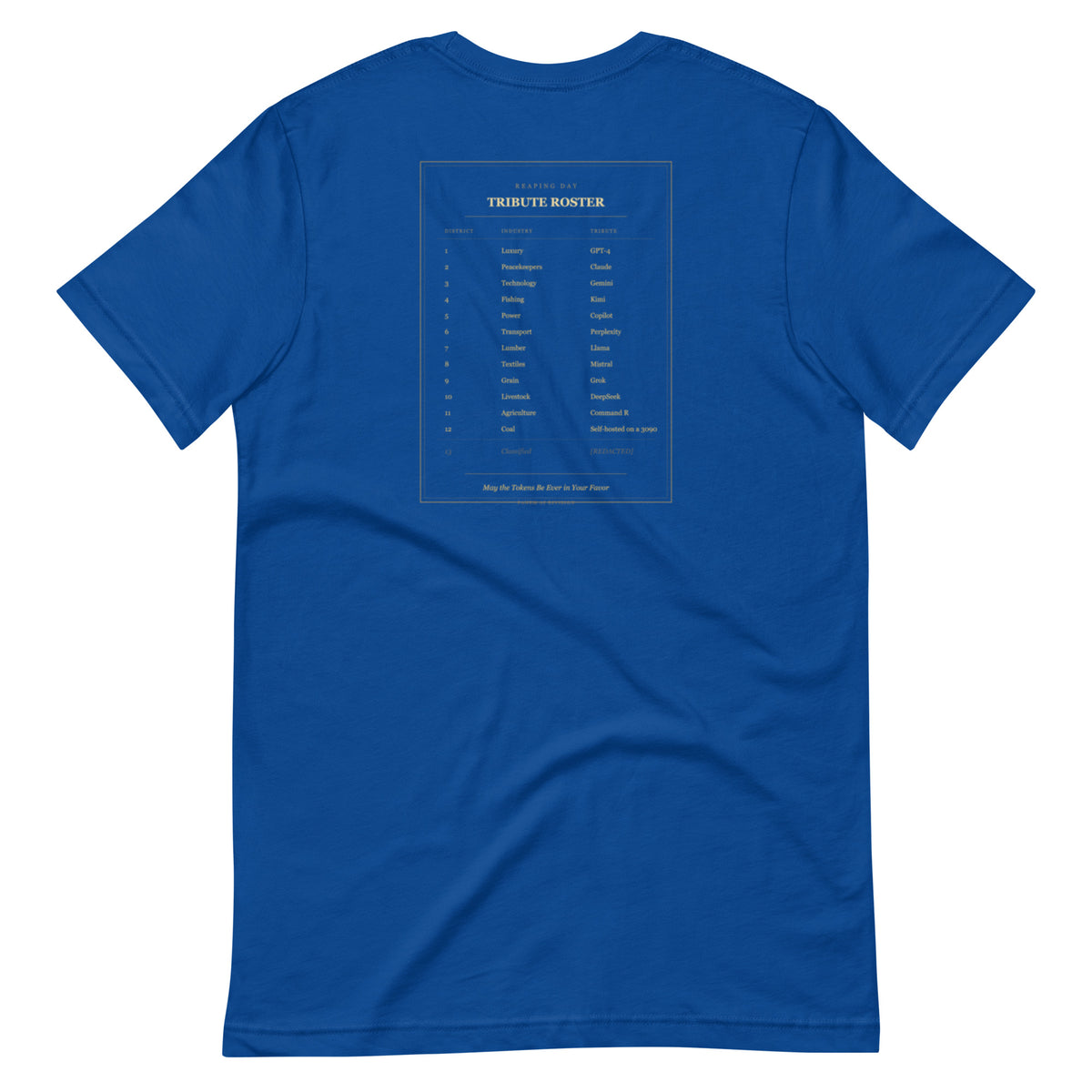 Ai Games Unisex t-shirt funny AI meme tee, True Royal, back design - Tribute Roster graphic, funny AI gaming meme