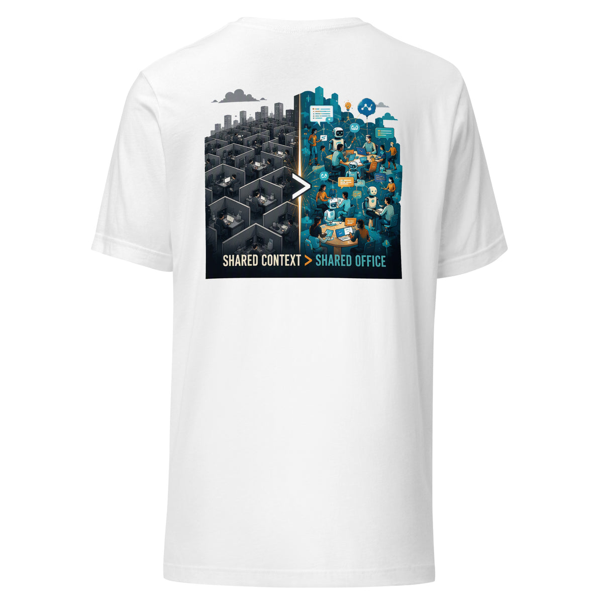Shared Context > Shared Office AI t-shirt, white, back: cubicles vs human-and-bot collaboration scene