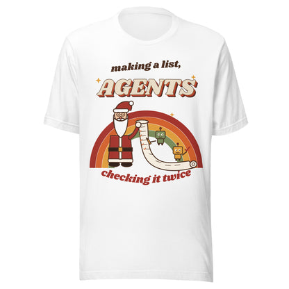 Making a List, Agents Checking It Twice retro Christmas AI tee, white, front: Santa's list checked by two AI agents