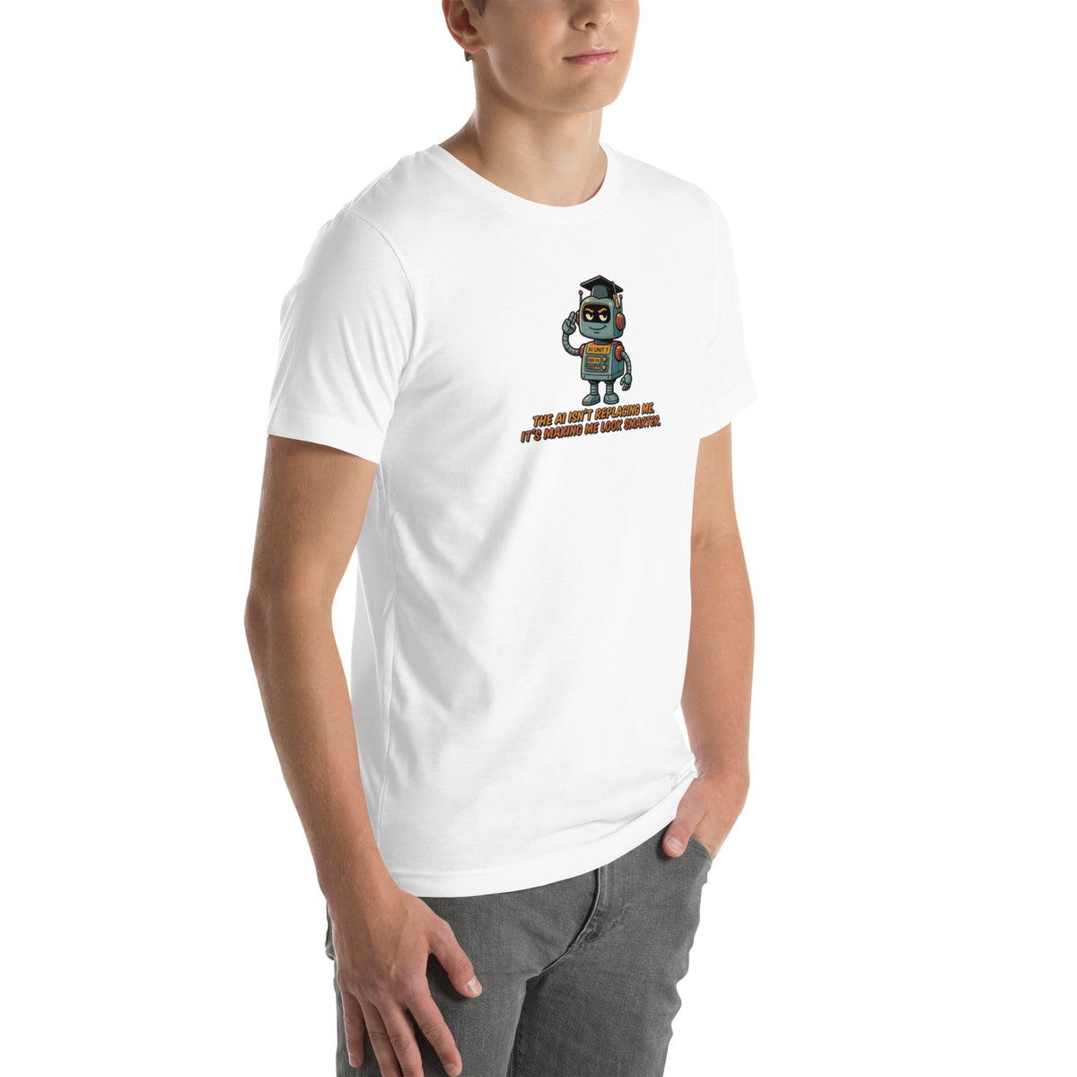 Ai Isn't Replacing Me Unisex t-shirt funny AI anxiety tee, White, right-front angle view