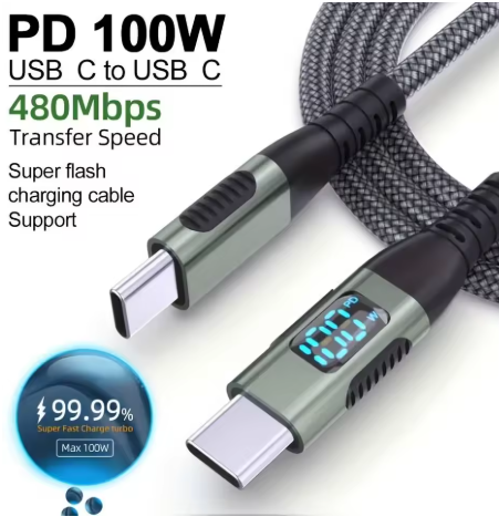 100W USB-C to C Cable LED Display Nylon Braided 480Mbps