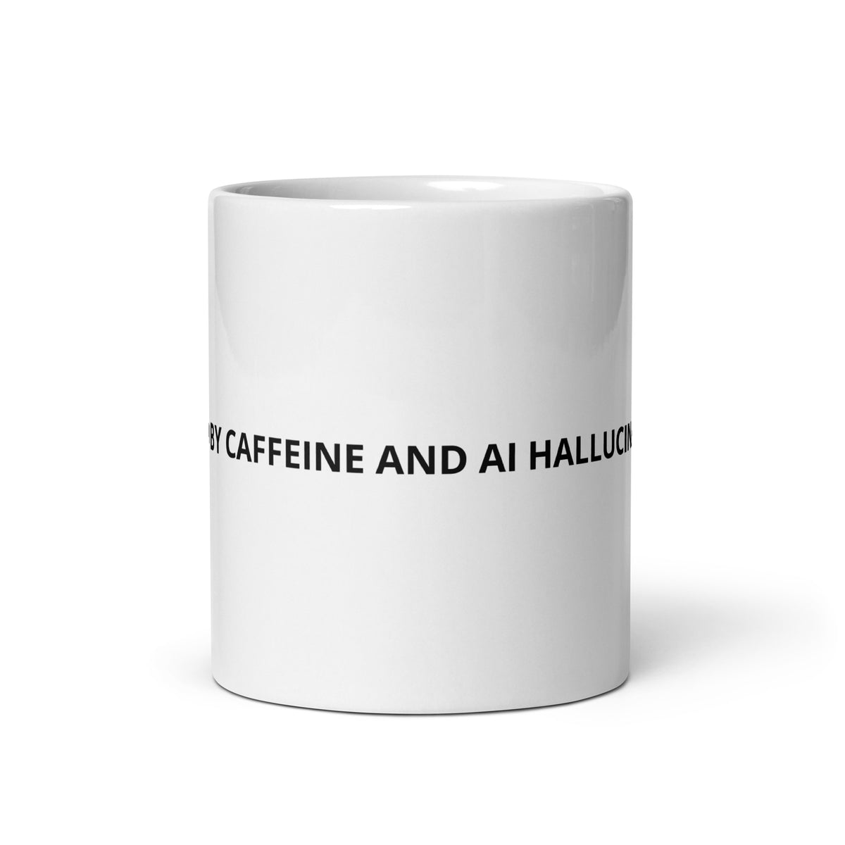 "Fueled By Caffeine And AI Hallucinations" funny IT/AI coffee mug