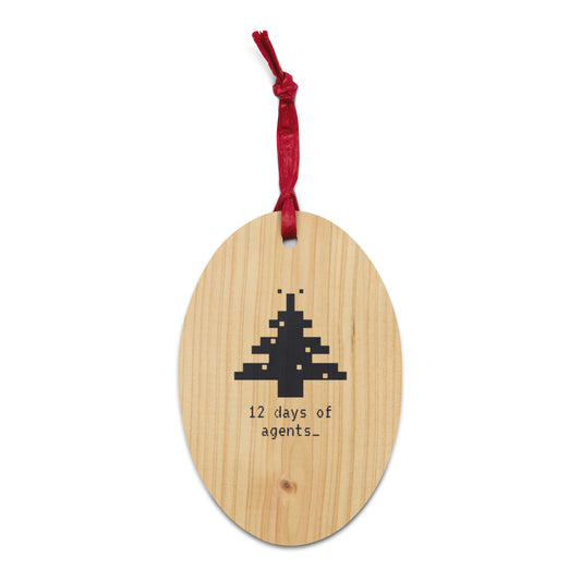 Pixel Tree wooden Christmas ornament: 8-bit tree with a 12 days of agents caption on natural Hinoki wood, front