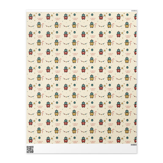 Robot Christmas wrapping paper: robot agents carrying stars, ornaments, lights and candy canes