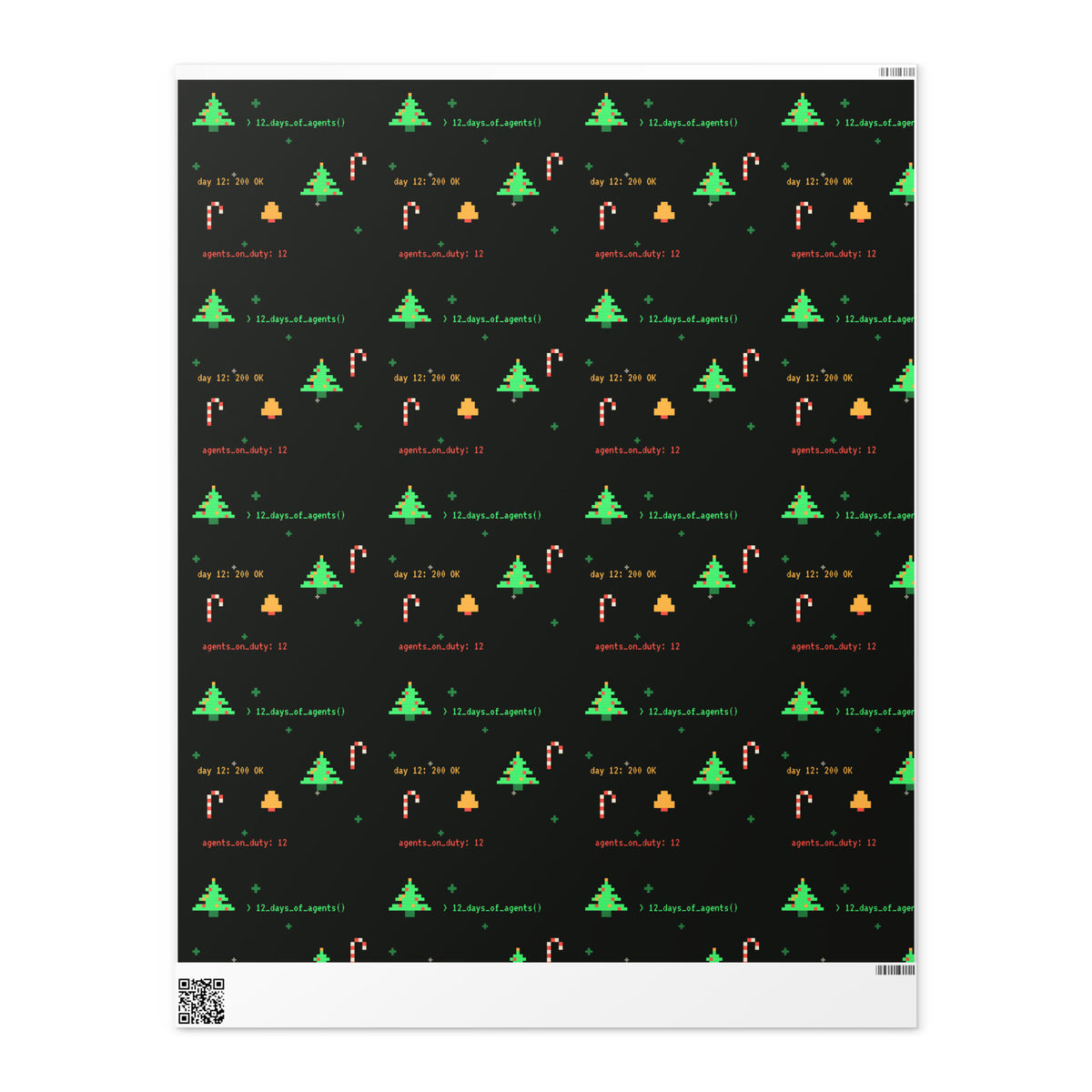 8-bit terminal Christmas wrapping paper: pixel trees, candy canes, bells and terminal code on black