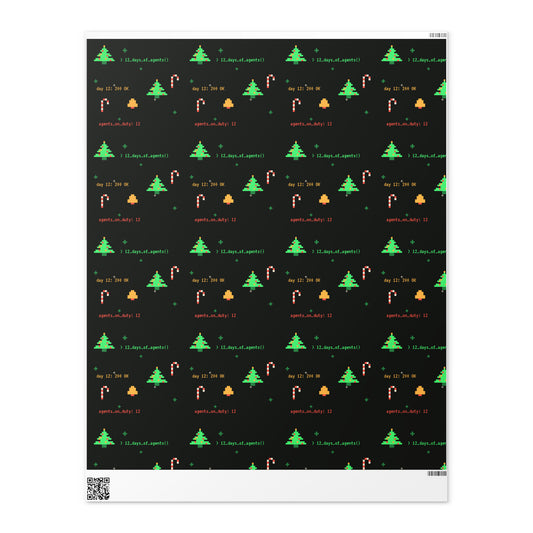 8-bit terminal Christmas wrapping paper: pixel trees, candy canes, bells and terminal code on black